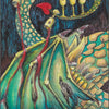 A vibrant illustration from the Ravyness Drakon Tarot by Schiffer Publishing, Ltd. depicts the 5 of Cups: a yellow-green snake with red accents, three upright cups, two spilled cups, and “5 of Cups” in yellow at the bottom—perfect for self-awareness readings.