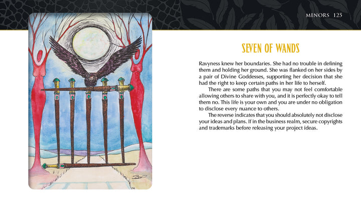 The Ravyness Drakon Tarot by Schiffer Publishing, Ltd. features a card with seven upright wands on a moonlit path, flanked by two red-winged women and large black wings above—invoking mystical self-awareness in a dreamy blue sky.