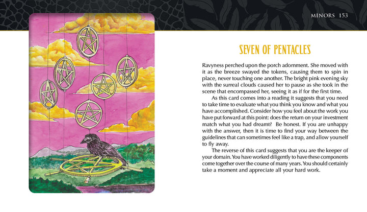 An illustration from the Ravyness Drakon Tarot by Schiffer Publishing, Ltd. shows a black crow on a green pentacle, six more in a tree, sunset sky and grassy hills, with Seven of Pentacles guidebook text on the right.