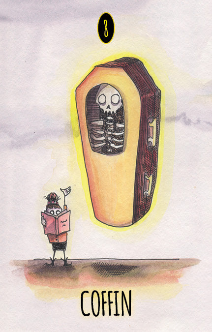 In Schiffer Publishing’s Shadowland Lenormand, a cartoon skeleton rests in a floating yellow coffin above a character with glasses and book. The number 8 and "COFFIN" recall classic Lenormand symbolism.
