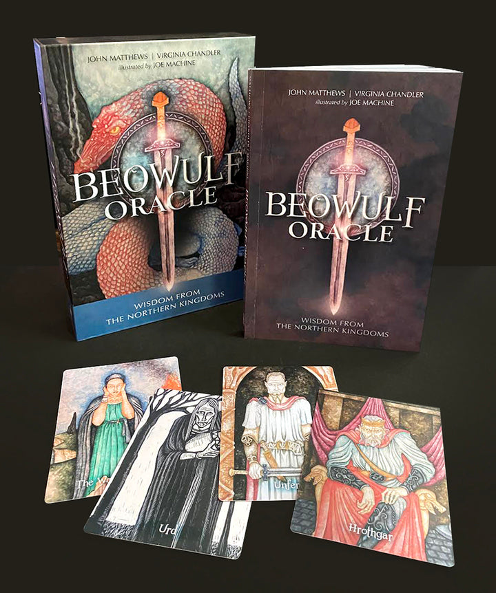 The Beowulf Oracle by Schiffer Publishing, Ltd. is a Viking Age-inspired deck and book set with a dragon-illustrated box, a standing book, and five oracle cards featuring medieval figures.