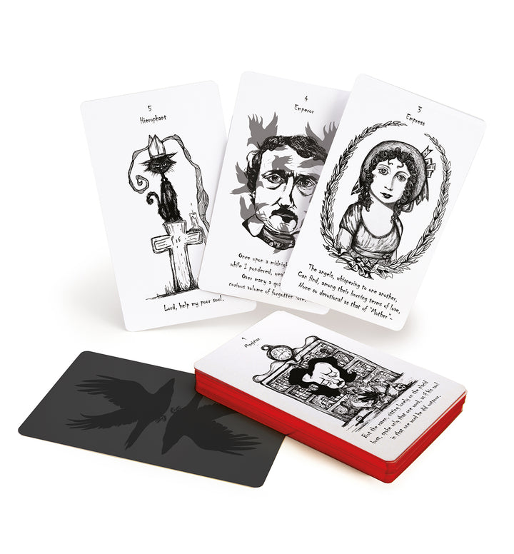 The Poe Tarot by Schiffer Publishing, Ltd. is a deck of illustrated cards with black-and-white art—like portraits and symbolic scenes—plus card backs featuring a black crow design, all inspired by Edgar Allan Poe.
