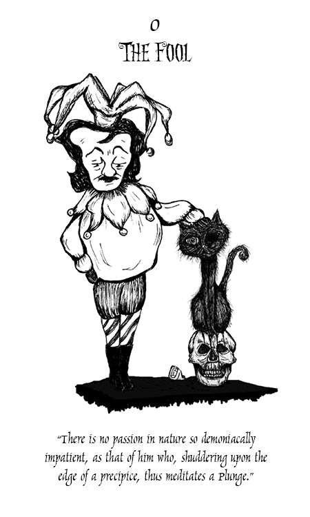 The Poe Tarot by Schiffer Publishing, Ltd. features The Fool card: a jester petting a black cat on a skull, with a quote reflecting passion, impatience, and the contemplation of leaping from a precipice.