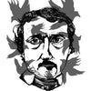 Black and white illustration of a solemn man’s face surrounded by birds, inspired by The Poe Tarot from Schiffer Publishing, Ltd. Features “The Emperor” with an Edgar Allan Poe quote: “Once upon a midnight dreary, while I pondered…”.