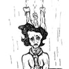 A black and white drawing inspired by The Poe Tarot from Schiffer Publishing, Ltd. shows a solemn figure with three lit, melting candles on their head, holding another candle as wax drips down their face.