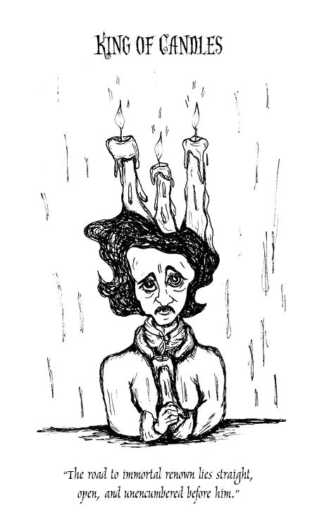 A black and white drawing inspired by The Poe Tarot from Schiffer Publishing, Ltd. shows a solemn figure with three lit, melting candles on their head, holding another candle as wax drips down their face.