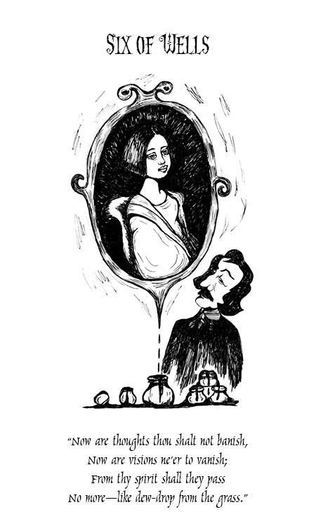 A black and white card from The Poe Tarot by Schiffer Publishing, Ltd. shows a man gazing at a woman's portrait above six cups. Titled “Six of Wells,” it features a poetic quote inspired by Edgar Allan Poe’s themes of memories and visions fading.