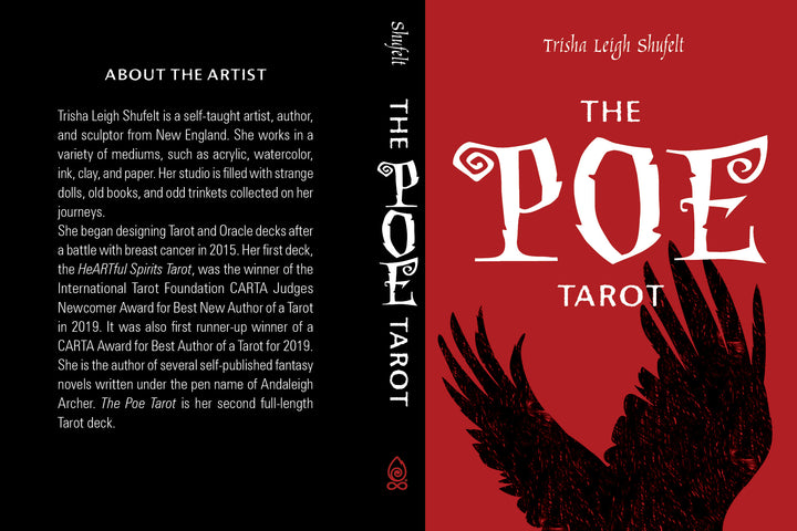 The Poe Tarot by Schiffer Publishing, Ltd. features a striking black raven wing on a red cover with white gothic text—capturing the mysterious essence of Edgar Allan Poe in this unique tarot deck.