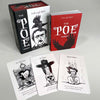The Poe Tarot by Schiffer Publishing, Ltd. is displayed with three illustrated tarot cards in front, featuring intricate black-and-white artwork inspired by the works of Edgar Allan Poe.