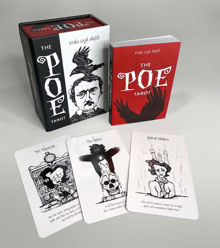The Poe Tarot by Schiffer Publishing, Ltd. is displayed with three illustrated tarot cards in front, featuring intricate black-and-white artwork inspired by the works of Edgar Allan Poe.