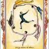 Six colorful figures dance in a circle around a central figure. Flames, musical notes, and the words “Pleasure ...we cannot experience pleasure but by means of others...” adorn the border. From The William Blake Tarot of the Creative Imagination by Schiffer Publishing, Ltd.