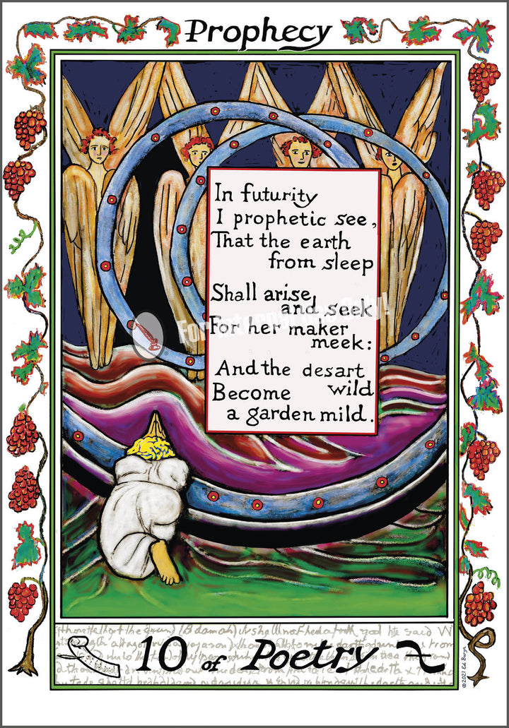 The William Blake Tarot of the Creative Imagination by Schiffer Publishing, Ltd. features the "Prophecy" card: a seated figure in white faces three golden-winged angels with blue rings and a central poem bordered by grapes. The card reads 10 of Poetry.