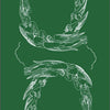 White line art of mirrored winged figures forming the Pisces zodiac symbol on green, inspired by The William Blake Tarot of the Creative Imagination from Schiffer Publishing, Ltd.