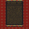 The Buddha Tarot by Schiffer Publishing, Ltd. features a red and black card that explores how the Major Arcana combines mandala imagery and Buddhist wisdom to inspire personal insight. Ornamental patterns frame the text.