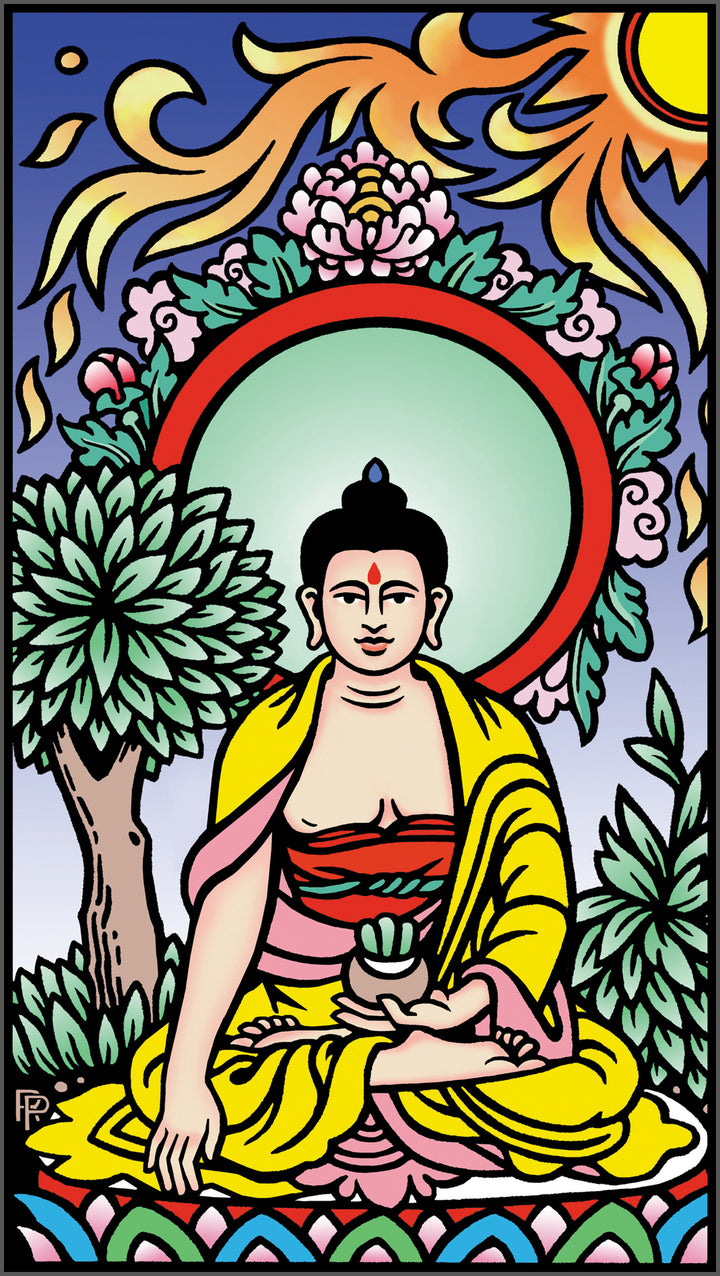 A vibrant Buddha sits cross-legged under a tree, haloed and holding an object, with sun, clouds, and lotus flowers—an image inspired by The Buddha Tarot by Schiffer Publishing, Ltd.