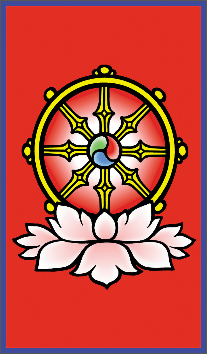 A golden Dharma wheel with eight spokes, symbolizing enlightenment, stands above a white lotus on red bordered in blue. The wheel's center has a blue, red, and green swirl evoking The Buddha Tarot by Schiffer Publishing, Ltd.