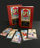 Two boxes of The Buddha Tarot by Schiffer Publishing, Ltd. are behind six vibrant Major Arcana cards with Buddhist-inspired art, all displayed in a row on a black surface against a dark background.