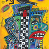 A vibrant Outsider Art Tarot card from Schiffer Publishing, Ltd. features a tilted tower with checkerboard and geometric designs, large eyes and lips, a black bird, lightning bolt, and yellow moonlit sky. "TOWER" is printed at the bottom.