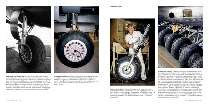 Four images of B-25 Mitchell WWII bomber landing gear and tires, featuring close-ups of wheels, a technician working on gear assembly, and maintenance tips. From "B-25 Mitchell, Vol. 1: The A through D Models in World War II" by Schifferbooks.