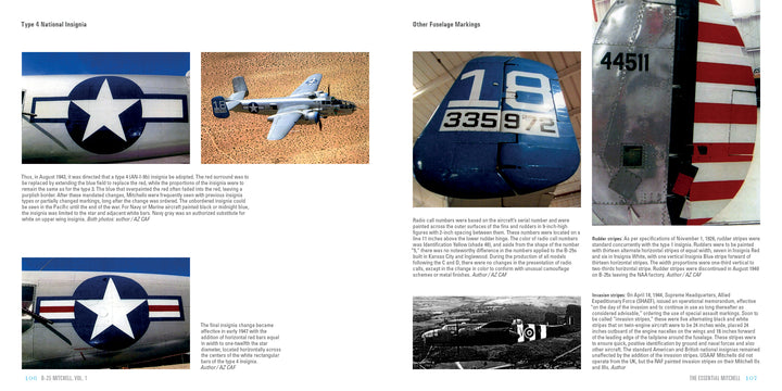 B-25 Mitchell, Vol. 1: The A through D Models in World War II by Schifferbooks features photos and text on WWII aircraft markings, with detailed images of insignia, a B-25 Mitchell bomber in flight, and vintage black-and-white plane photos.