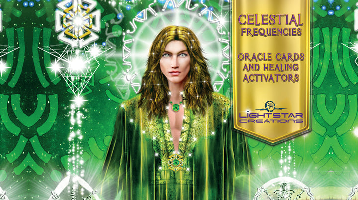 A mystical figure with long blond hair and blue eyes in a green robe is surrounded by geometric light patterns, offering intuitive guidance. A gold sign reads: Celestial Frequencies by Schiffer Publishing, Ltd.