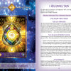 Celestial Frequencies by Schiffer Publishing, Ltd. features an ornate oracle card with mystical symbols on a cosmic backdrop. “Reconnection: Universal Healing Shield” offers intuitive guidance and alignment insights on the right side.