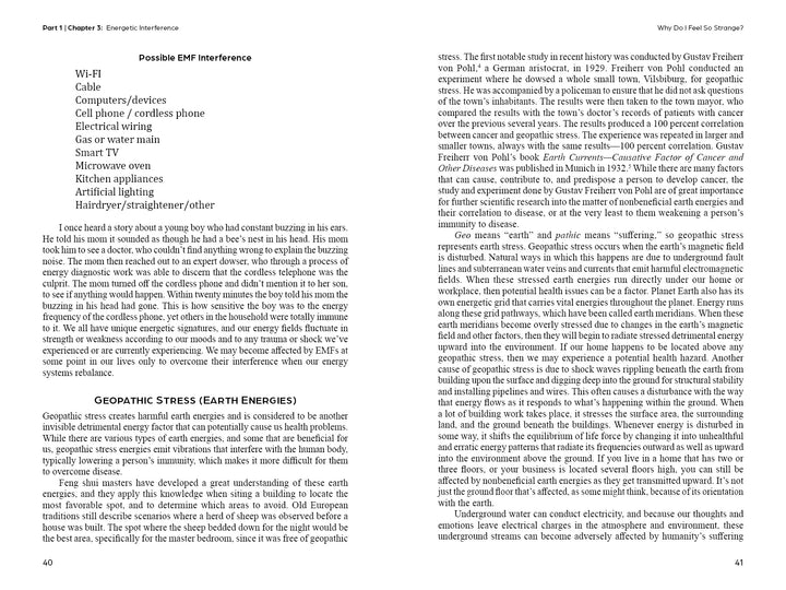 A page from Clarity Tarot by Schiffer Publishing, Ltd. lists EMF sources like Wi-Fi, cables, and microwaves beside insights on studies, geopathic stress, and subtle energies akin to those explored in cartomancy.