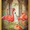 Three pink flamingos stand by stone pillars amid flowers and greenery as sunlight streams through arches. The Lenormand of Enchantment deck by Schiffer Publishing, Ltd. card shows numbers 12, 7, and the word "Birds" in the lower left corner.