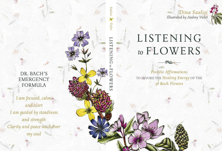Book cover features illustrated wildflowers. "Listening to Flowers" by Schiffer Publishing, Ltd. explores Bach flower essence remedies, positive affirmations, and the healing powers of 38 Bach flowers for emotional well-being.