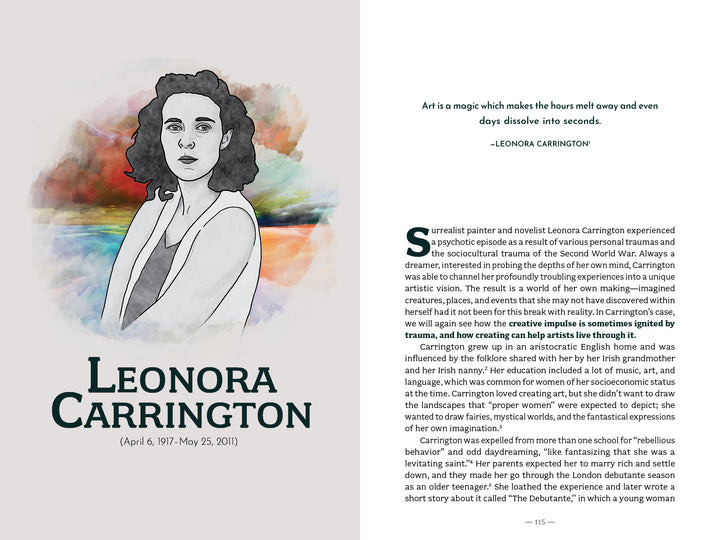 On the left, "The Artist's Mind" by Schiffer Publishing, Ltd. features a black-and-white portrait of Leonora Carrington on a watercolor background; on the right is an article about her creativity with a quote and her life dates.