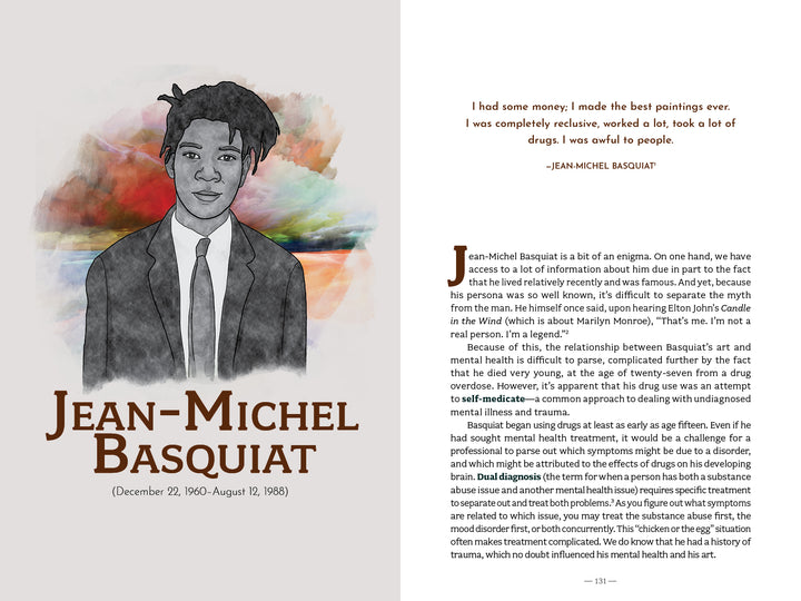 A book spread from The Artist's Mind by Schiffer Publishing, Ltd. shows a watercolor portrait of Jean-Michel Basquiat with his name and dates on the left, and a creativity quote plus text on his enigmatic life on the right.