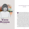 An illustrated portrait of Yayoi Kusama accents the left of "The Artist's Mind" by Schiffer Publishing, Ltd.; the right page features an article on Kusama’s creativity, biography, struggles, and art therapy’s role in her mental wellbeing.