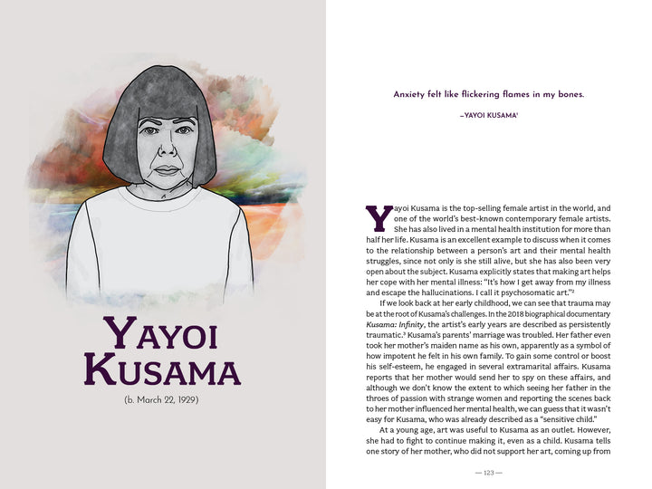 An illustrated portrait of Yayoi Kusama accents the left of "The Artist's Mind" by Schiffer Publishing, Ltd.; the right page features an article on Kusama’s creativity, biography, struggles, and art therapy’s role in her mental wellbeing.