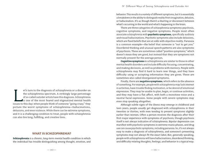 An open book, The Artist’s Mind by Schiffer Publishing, Ltd., shows a left page with a green L about schizophrenia and a right page titled "Different Ways of Seeing: Schizophrenia and Outsider Art," exploring symptoms, creativity, and mental wellness.