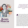 A two-page spread in "The Artist’s Mind" by Schiffer Publishing, Ltd. presents a watercolor portrait of Agnes Martin, with biographical text, a quote, and highlights of her creative life, artistic career, and enduring influence.