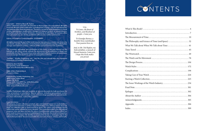 The left page displays copyright info and a quote on a blue gear-themed background; the right shows the table of contents with chapters about horology, watchmaking, and design. Product: Horology by Schiffer Publishing, Ltd.