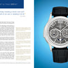 A page from Schiffer Publishing, Ltd.'s "Horology" features text and a quote on the left, with a detailed image of a wristwatch exemplifying fine design and craftsmanship against a blue gradient background on the right.