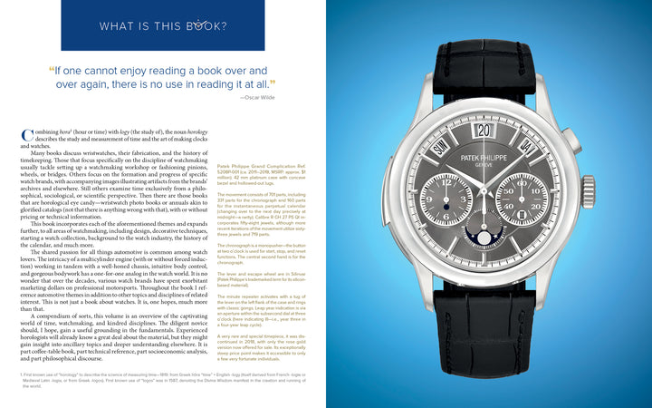 A page from Schiffer Publishing, Ltd.'s "Horology" features text and a quote on the left, with a detailed image of a wristwatch exemplifying fine design and craftsmanship against a blue gradient background on the right.