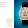 The Horology by Schiffer Publishing, Ltd. is a luxury wristwatch with a black leather strap, gold casing, multiple dials (moon phase and calendar), displayed on a bright blue background with text on the left.