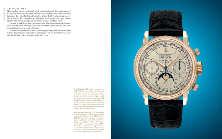 The Horology by Schiffer Publishing, Ltd. is a luxury wristwatch with a black leather strap, gold casing, multiple dials (moon phase and calendar), displayed on a bright blue background with text on the left.