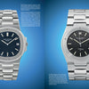 Two Horology wristwatches by Schiffer Publishing, Ltd., with sleek stainless steel bands and black dials, are shown side by side on a blue gradient background; above each are their descriptions and technical details.