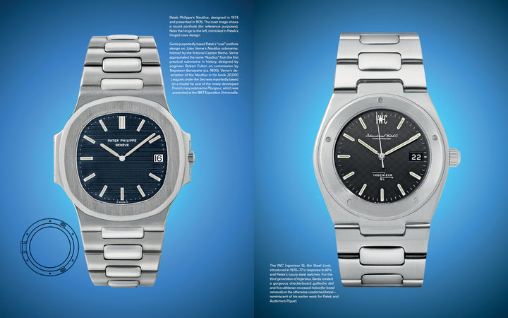 Two Horology wristwatches by Schiffer Publishing, Ltd., with sleek stainless steel bands and black dials, are shown side by side on a blue gradient background; above each are their descriptions and technical details.