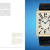 The image features "Horology" by Schiffer Publishing, Ltd.—a book on watch design—shown alongside a rectangular gold wristwatch with a black leather strap and an off-white dial against a blue background.