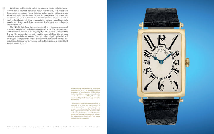 The image features "Horology" by Schiffer Publishing, Ltd.—a book on watch design—shown alongside a rectangular gold wristwatch with a black leather strap and an off-white dial against a blue background.