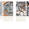 Four close-up images of Schiffer Publishing, Ltd.'s "Horology" showcase watch movements and engravings, highlighting intricate mechanisms, gears, and metallic textures in silver and rose gold tones with text about exceptional watchmaking craftsmanship.