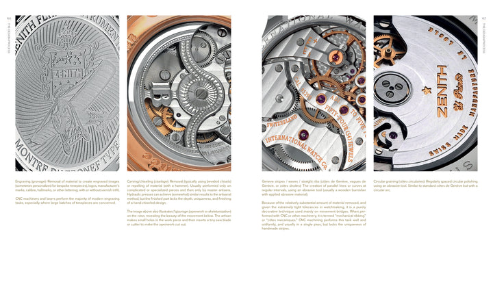Four close-up images of Schiffer Publishing, Ltd.'s "Horology" showcase watch movements and engravings, highlighting intricate mechanisms, gears, and metallic textures in silver and rose gold tones with text about exceptional watchmaking craftsmanship.