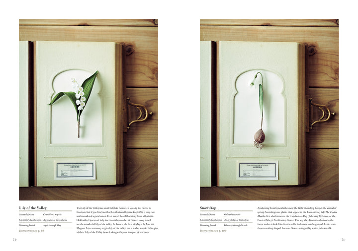 The Herbarium of Fabric Flowers by Schiffer Publishing, Ltd. features framed botanical displays—lily of the valley (left) and snowdrop (right)—with scientific details, ideal inspiration for naturalist fiber art and fabric flower patterns.