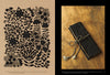 Left: Intricate black botanical embroidery on tan fabric. Right: A black textile case with raised embroidery and a silver cord, both from Schiffer Publishing, Ltd.'s Embroidery Garden, showcasing Yanase Rei’s exquisite attention to detail.