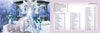 A mystical scene from Schiffer Publishing’s Magical Dimensions Oracle Cards and Activators features a white unicorn, ethereal woman in blue with a glowing orb, green-robed figures, snowy gazebo, and oracle deck table of contents.