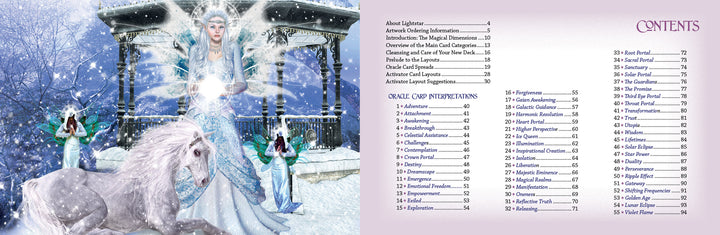 A mystical scene from Schiffer Publishing’s Magical Dimensions Oracle Cards and Activators features a white unicorn, ethereal woman in blue with a glowing orb, green-robed figures, snowy gazebo, and oracle deck table of contents.